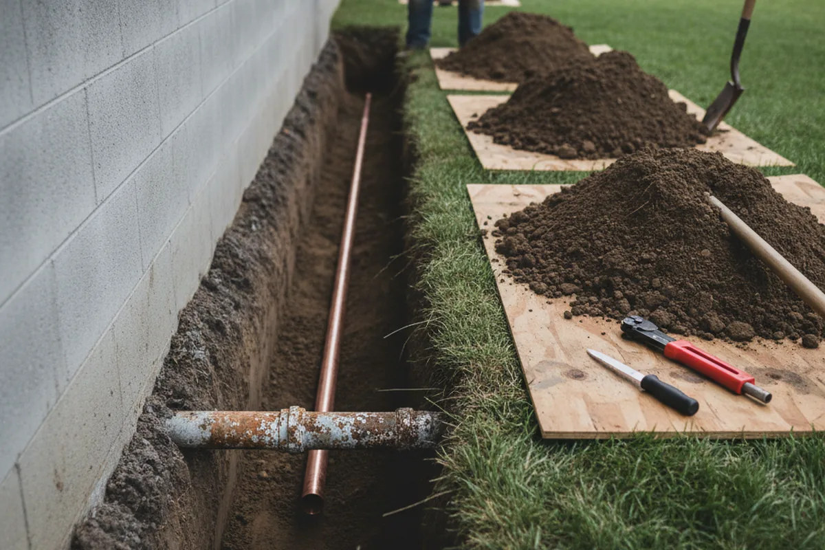 Excavated water line trench during Water Heater Repair in Grethel